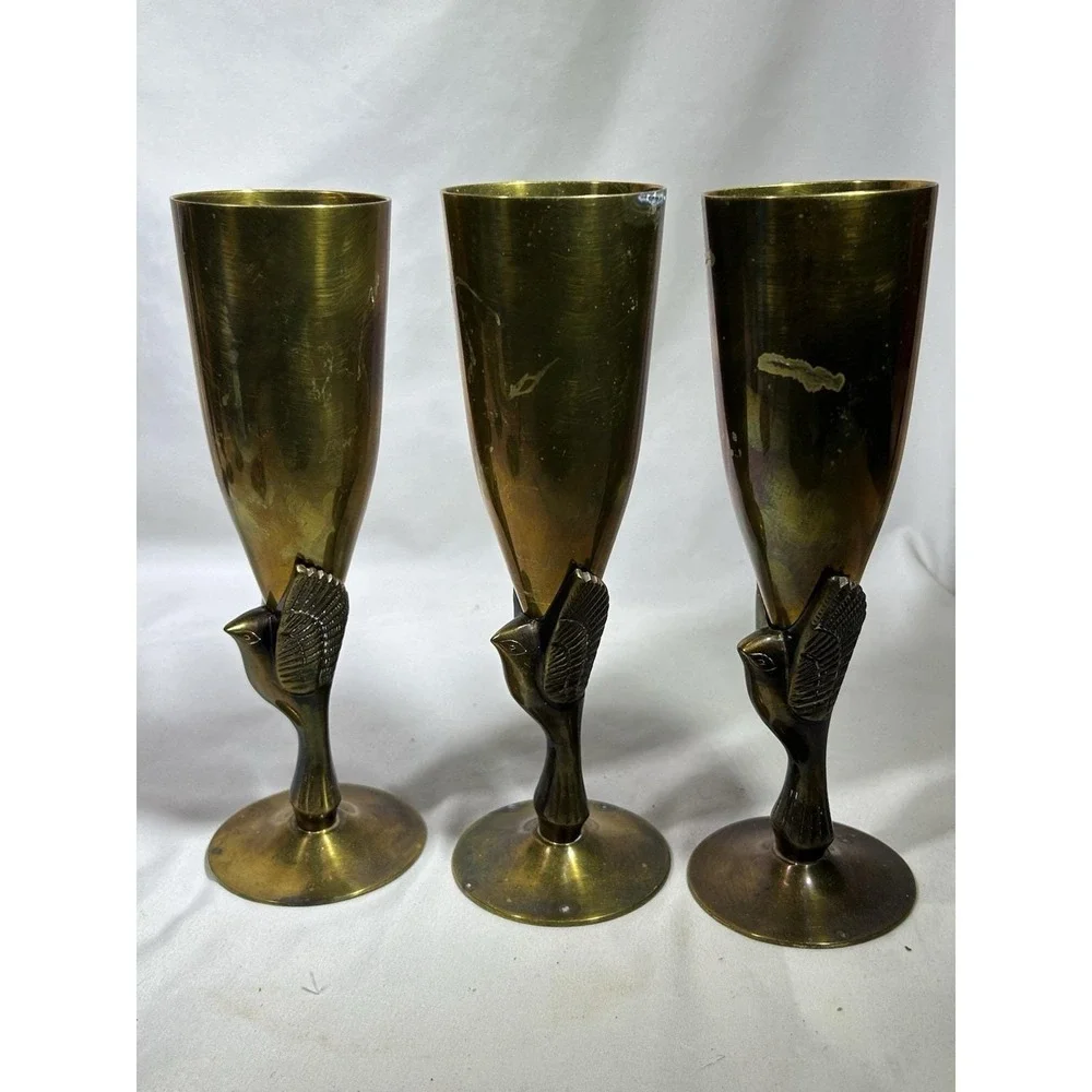 Vintage Godinger Silver Plate Brass Champagne Flutes w/ Birds Phoenix Set Of 3
